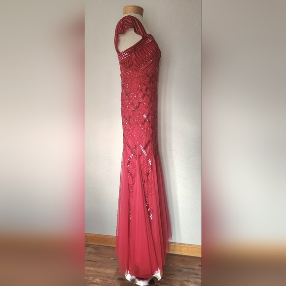 Beaded Adrianna Papell Cap Sleeve Square Neck Claret Red Dress Gown 6p - Picture 5 of 16